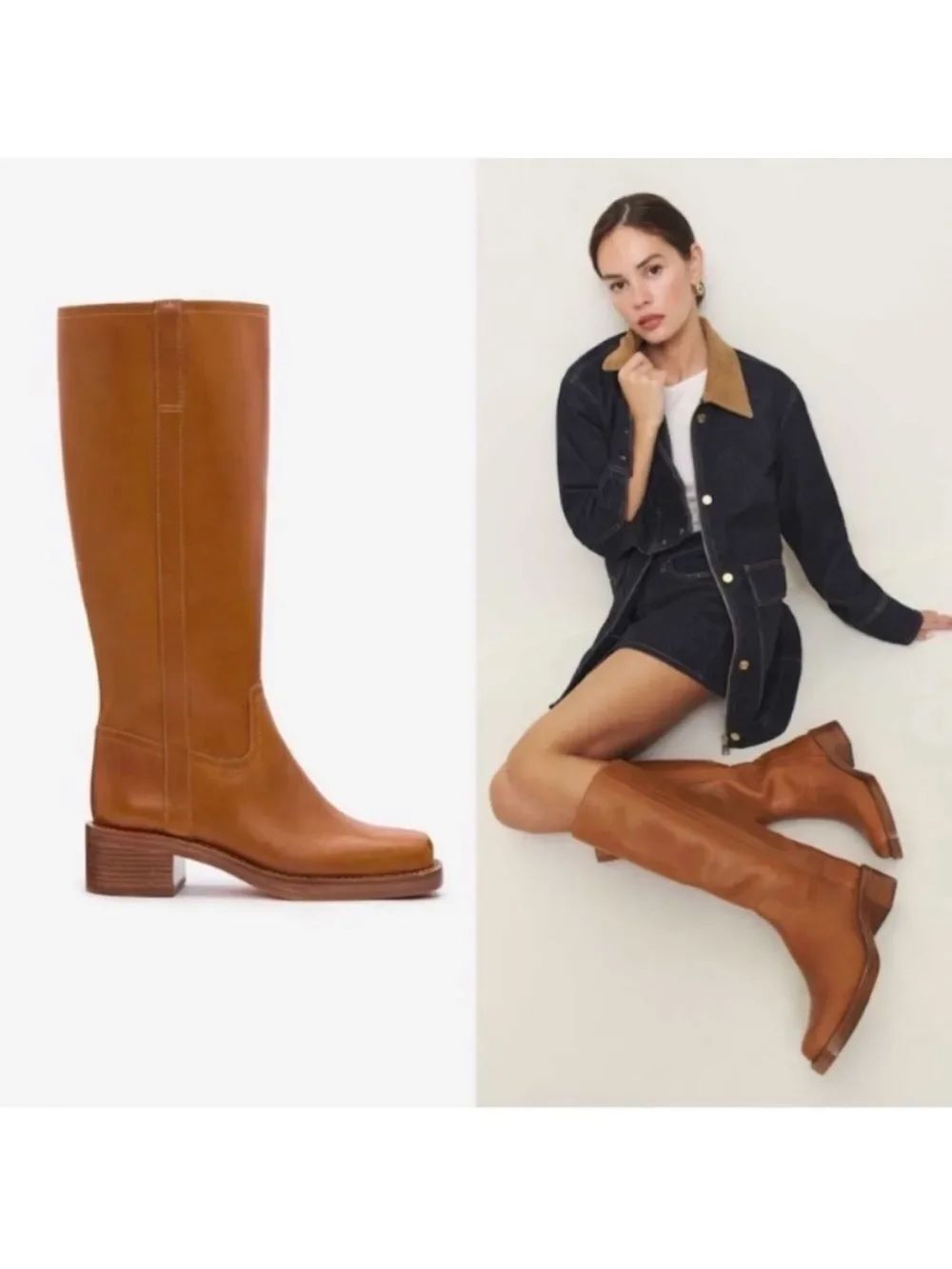 Reformation Frances Knee High Boot Whiskey Leather Women Square Toe Block Heel